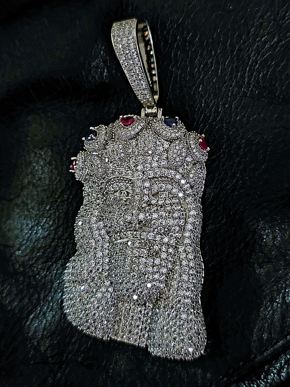 Pave Jesus Head Pendant with Red & Blue Accents